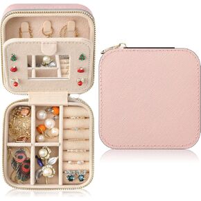 Genuine Leather Travel Jewelry Case Organizer with Mirror for Women, Small Jewelry Box Portable Mini Jewelry Case for Earring, Ring, Necklace, Bracelet（Green）