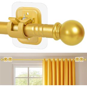 Curtain Rods No Drilling for Windows Set 32 to 64 Inch,Renter Friendly Drapey Pole with 5PCS No Drill Curtain Rod Brackets,Outdoor Long Cortineros Para Ventanas with Adhesive Curtain Rod Holder Gold