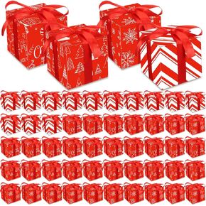 Cholemy 50 Pcs Christmas Gift Boxes with Lids 4 x 4 x 4 Inches Kraft Goodie Paper Boxes with 3 Roll Red Ribbon, Xmas Party Favor Boxes Candy Boxes for Holiday Cookie Treat Presents Wrapping Exchange