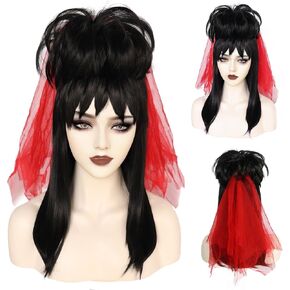 ANOGOL + قبعة شعر + حجاب أحمر شعر مستعار أسود مع غرة مدببة وكعكة قوطية متوسطة الطول شعر مستعار قوطي العروس زي للنساء شعر مستعار لحفلات الهالوين، شعر مستعار صناعي أسود على شكل كعكة شعر مستعار متوسط ​​مستقيم للعروس للنساء in Kuwait