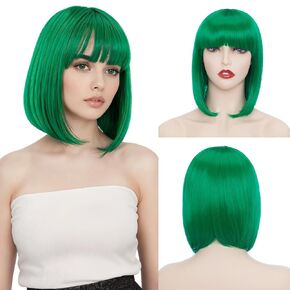 TESS Short Green Wig with Bangs 12 Inch Green Wigs for Women Costume Wigs for Women Synthetic Wig for Cosplay Costume Halloween Party