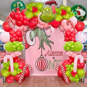 طقم قوس بالون عيد الميلاد الوردي، قوس بالون أخضر وردي لعيد الميلاد مع بالونات حلوى مايلر للأطفال في حفلات عيد الميلاد، وحفلات غرينتشماس، وديكورات أعياد الميلاد، وديكور السنة الجديدة in Kuwait