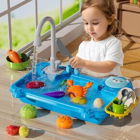 Play Sink with Running Water, Kitchen Sink Toys with Electric Faucet, Play Kitchen Accessories, Kids Role Play Dishwasher Toy for Ages 3 4 5 6 Year Old Toddlers Kids Boys Girls(Pink)