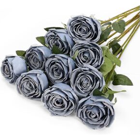 DuHouse 10pcs Fake Roses Artificial Silk Flowers Faux Rose Flower Long Stems Bouquet for Arrangement Wedding Centerpiece Party Home Kitchen Decor(Peacock Blue)