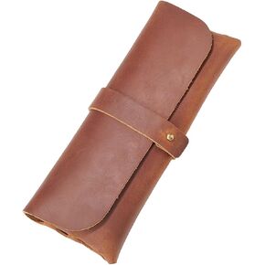 GORGECRAFT Retro Black Crazy Horse Leather Pencil Case Genuine Leather Snap Cover Pen Cases Large Capacity Leather Pencil Pouch Vintage Holders for Pen Pencils Men Women Glasses Sunglasses