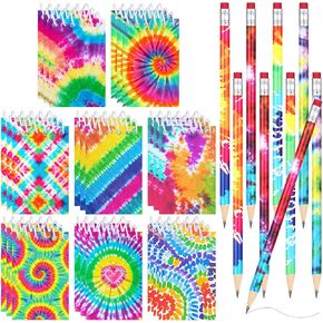 Honoson 48 Pcs Tie Dye Party Favors Set Include 24 Mini Tie Dye Notepads 24 Pencils for Kids, Spiral Mini Notebooks, Small Note Pad Bulk for Classroom School Reward Prize Birthday Supplies(Bright)