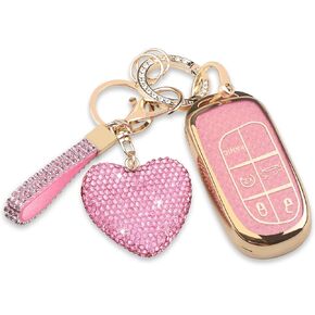 for Jeep Key fob Cover with Diamond Bling Keychain, Car Accessories Key Holder Shell Full Protection for Jeep Grand Cherokee Renegade Compass Durango Charger Dodge Challenger,Gold Pink