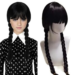 Wednesday Addams Family Costume Wig - Long Black Wig Hair Synthetic Wig Braided With Bangs Womens Girls Wigs With Bangs Adjustable Net Cap Halloween Costumes Party Cosplay