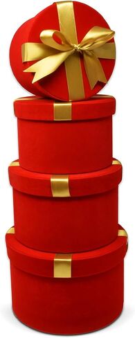 Christmas Nesting Gift Boxes Round Tall 4 Pack Red Velvet with Gold Ribbon Bow Xmas Stacked Gift Box with Lids in 4 Assorted Sizes for Gift Giving Holiday Decorative Gifts Present Wrapping in Saudi Arabia
