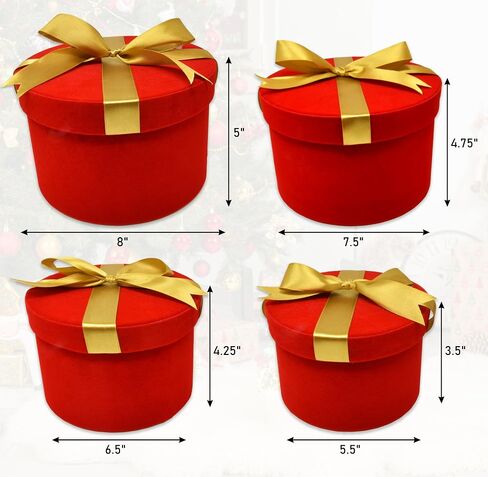 Christmas Nesting Gift Boxes Round Tall 4 Pack Red Velvet with Gold Ribbon Bow Xmas Stacked Gift Box with Lids in 4 Assorted Sizes for Gift Giving Holiday Decorative Gifts Present Wrapping in Saudi Arabia