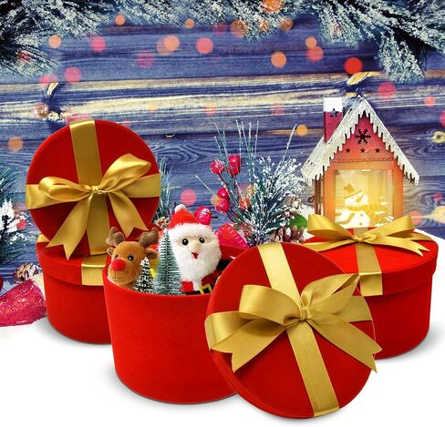Christmas Nesting Gift Boxes Round Tall 4 Pack Red Velvet with Gold Ribbon Bow Xmas Stacked Gift Box with Lids in 4 Assorted Sizes for Gift Giving Holiday Decorative Gifts Present Wrapping in Saudi Arabia