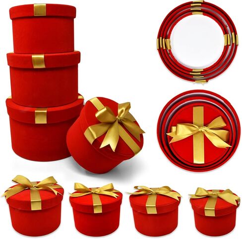 Christmas Nesting Gift Boxes Round Tall 4 Pack Red Velvet with Gold Ribbon Bow Xmas Stacked Gift Box with Lids in 4 Assorted Sizes for Gift Giving Holiday Decorative Gifts Present Wrapping in Saudi Arabia