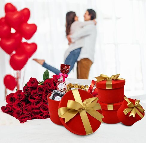 Christmas Nesting Gift Boxes Round Tall 4 Pack Red Velvet with Gold Ribbon Bow Xmas Stacked Gift Box with Lids in 4 Assorted Sizes for Gift Giving Holiday Decorative Gifts Present Wrapping in Saudi Arabia