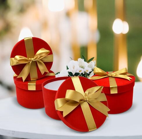 Christmas Nesting Gift Boxes Round Tall 4 Pack Red Velvet with Gold Ribbon Bow Xmas Stacked Gift Box with Lids in 4 Assorted Sizes for Gift Giving Holiday Decorative Gifts Present Wrapping in Saudi Arabia