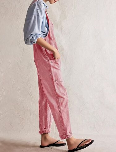 Dressy High Roller Denim Jumpsuit for Women Casual Sleeveless Loose Fit Overalls Jeans Pants Jumpers with Pockets(Blue-M) in Saudi Arabia