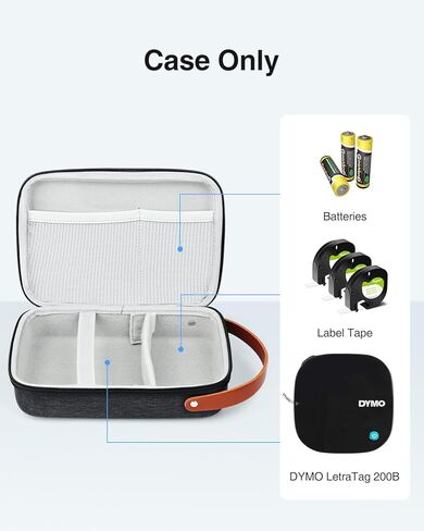 حافظة صلبة فاخرة متوافقة مع صانع ملصقات بلوتوث DYMO LetraTag 200B، جيب شبكي إضافي لأشرطة الملصقات والبطاريات من Letratag، أسود، حافظة فقط in Kuwait