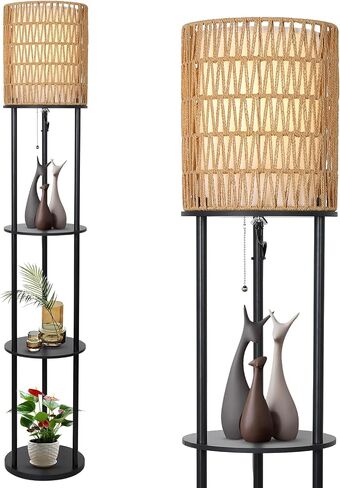 Floor Lamp with Shelves, Corner Floor Lamps for Living Room, Boho Floor Lamp with Double Shades, Rattan Standing Lamp for Bedroom Office, Shelf Tall Floor Lamp for Storage Display, Home Decor in Saudi Arabia