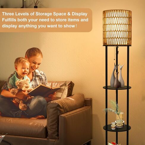 Floor Lamp with Shelves, Corner Floor Lamps for Living Room, Boho Floor Lamp with Double Shades, Rattan Standing Lamp for Bedroom Office, Shelf Tall Floor Lamp for Storage Display, Home Decor in Saudi Arabia