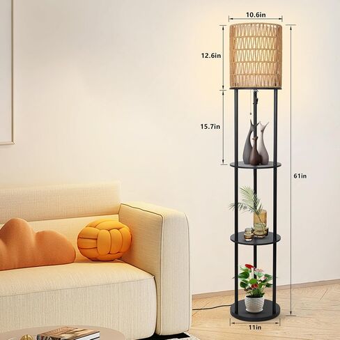 Floor Lamp with Shelves, Corner Floor Lamps for Living Room, Boho Floor Lamp with Double Shades, Rattan Standing Lamp for Bedroom Office, Shelf Tall Floor Lamp for Storage Display, Home Decor in Saudi Arabia