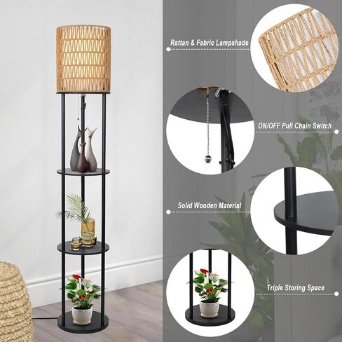Floor Lamp with Shelves, Corner Floor Lamps for Living Room, Boho Floor Lamp with Double Shades, Rattan Standing Lamp for Bedroom Office, Shelf Tall Floor Lamp for Storage Display, Home Decor in Saudi Arabia