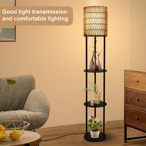 Floor Lamp with Shelves, Corner Floor Lamps for Living Room, Boho Floor Lamp with Double Shades, Rattan Standing Lamp for Bedroom Office, Shelf Tall Floor Lamp for Storage Display, Home Decor in Saudi Arabia