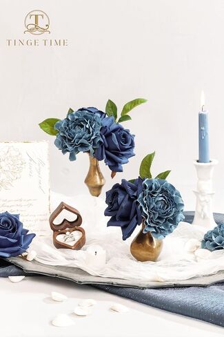 TINGE TIME 16pcs Artificial Silk Rose Real Looking Mixed Blue Fake Rose w/stem for DIY Wedding Bouquets Bridal Shower Centerpieces Floral Arrangements Party Tables Home Decorations in Kuwait