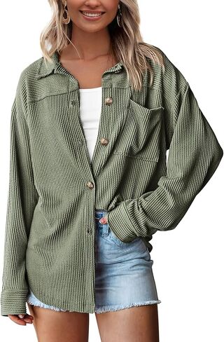 PRETTYGARDEN Women’s Tops Button Down Shirts Fall Long Sleeve Shacket Jacket Loose Ribbed Knit Work Blouses with Pocket in Kuwait