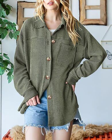 PRETTYGARDEN Women’s Tops Button Down Shirts Fall Long Sleeve Shacket Jacket Loose Ribbed Knit Work Blouses with Pocket in Kuwait