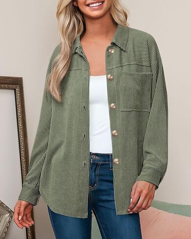 PRETTYGARDEN Women’s Tops Button Down Shirts Fall Long Sleeve Shacket Jacket Loose Ribbed Knit Work Blouses with Pocket in Kuwait