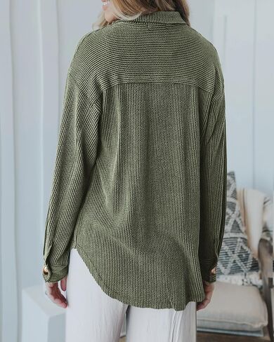 PRETTYGARDEN Women’s Tops Button Down Shirts Fall Long Sleeve Shacket Jacket Loose Ribbed Knit Work Blouses with Pocket in Kuwait