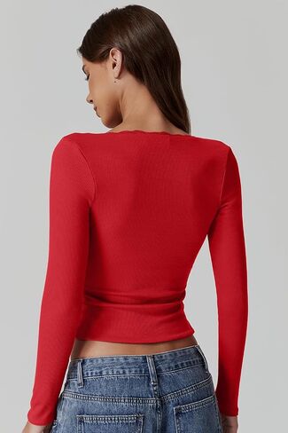 QINSEN Women's Sexy Scoop Neck Long Sleeve Shirt Ribbed Lace Slim Fit Tops Going Out Tees in Saudi Arabia