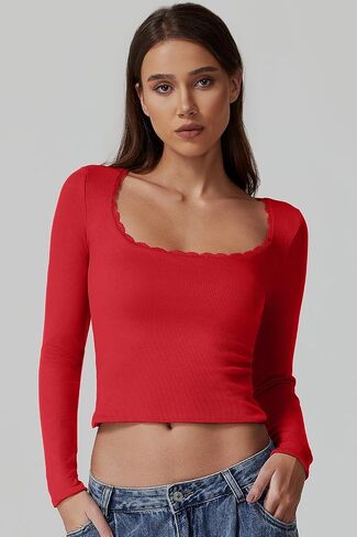 QINSEN Women's Sexy Scoop Neck Long Sleeve Shirt Ribbed Lace Slim Fit Tops Going Out Tees in Saudi Arabia