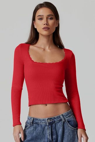 QINSEN Women's Sexy Scoop Neck Long Sleeve Shirt Ribbed Lace Slim Fit Tops Going Out Tees in Saudi Arabia