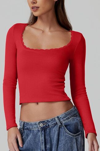 QINSEN Women's Sexy Scoop Neck Long Sleeve Shirt Ribbed Lace Slim Fit Tops Going Out Tees in Saudi Arabia