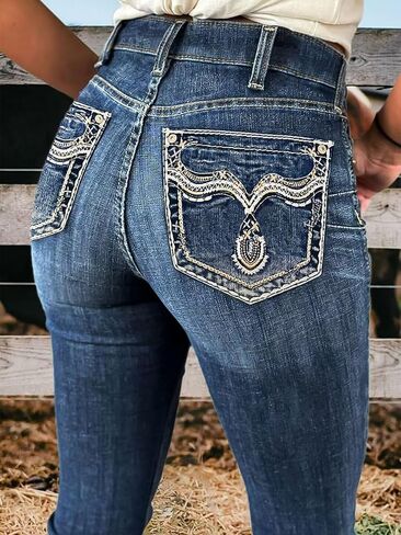 Flamingals Women's Bootcut Jeans Butt Lifting Embroidered Pocket Stitch Detail Stretchy Jeans in Saudi Arabia