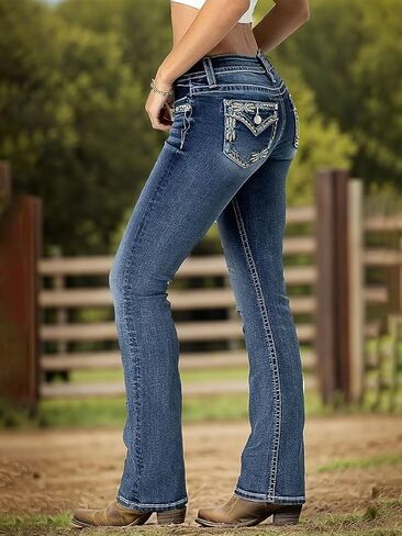 Flamingals Women's Bootcut Jeans Butt Lifting Embroidered Pocket Stitch Detail Stretchy Jeans in Saudi Arabia