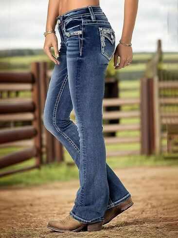Flamingals Women's Bootcut Jeans Butt Lifting Embroidered Pocket Stitch Detail Stretchy Jeans in Saudi Arabia