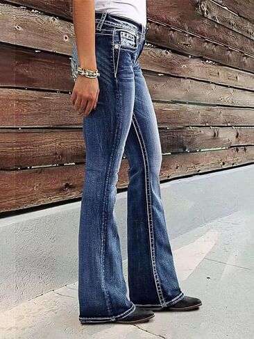 Flamingals Women's Bootcut Jeans Butt Lifting Embroidered Pocket Stitch Detail Stretchy Jeans in Saudi Arabia