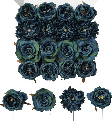 TINGE TIME 16pcs Artificial Silk Rose Real Looking Mixed Blue Fake Rose w/stem for DIY Wedding Bouquets Bridal Shower Centerpieces Floral Arrangements Party Tables Home Decorations in Kuwait