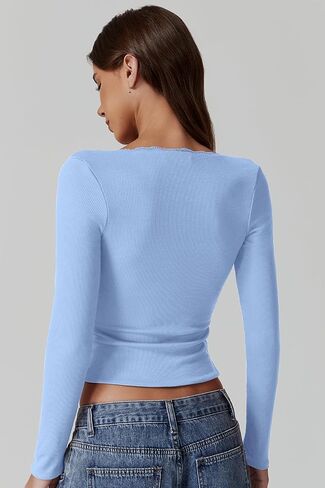 QINSEN Women's Sexy Scoop Neck Long Sleeve Shirt Ribbed Lace Slim Fit Tops Going Out Tees in Saudi Arabia