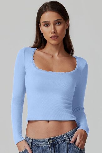 QINSEN Women's Sexy Scoop Neck Long Sleeve Shirt Ribbed Lace Slim Fit Tops Going Out Tees in Saudi Arabia