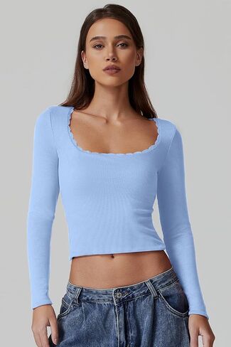 QINSEN Women's Sexy Scoop Neck Long Sleeve Shirt Ribbed Lace Slim Fit Tops Going Out Tees in Saudi Arabia