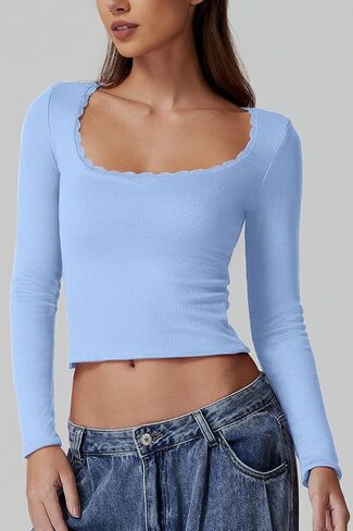 QINSEN Women's Sexy Scoop Neck Long Sleeve Shirt Ribbed Lace Slim Fit Tops Going Out Tees in Saudi Arabia