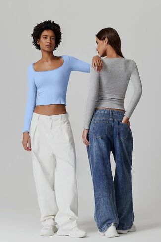 QINSEN Women's Sexy Scoop Neck Long Sleeve Shirt Ribbed Lace Slim Fit Tops Going Out Tees in Saudi Arabia