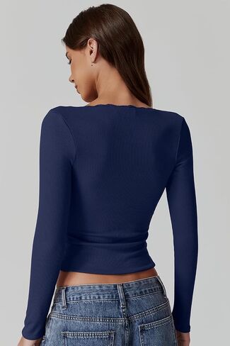 QINSEN Women's Sexy Scoop Neck Long Sleeve Shirt Ribbed Lace Slim Fit Tops Going Out Tees in Saudi Arabia