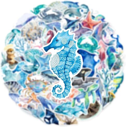50pcs Ocean Animal Stickers for Water Bottles, Waterproof Adhesive Fish Decals Under The Sea Marine Life Stickers Ocean Stickers for Kids for Birthday Party Scrapbook Skateboard Phone Laptop in Kuwait