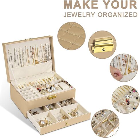 2-Layer Jewelry Box for Women, Jewelry Organizers and Storage with Removable Jewelry Tray, Vintage Quilted Top Lockable Jewelry Holder Gift Idea in Saudi Arabia