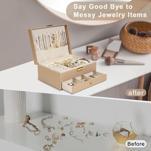 2-Layer Jewelry Box for Women, Jewelry Organizers and Storage with Removable Jewelry Tray, Vintage Quilted Top Lockable Jewelry Holder Gift Idea in Saudi Arabia