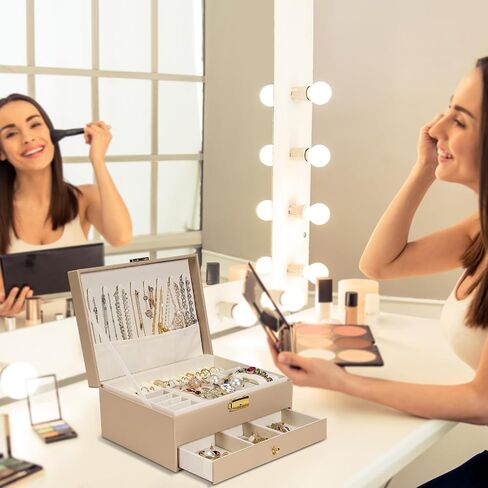 2-Layer Jewelry Box for Women, Jewelry Organizers and Storage with Removable Jewelry Tray, Vintage Quilted Top Lockable Jewelry Holder Gift Idea in Saudi Arabia