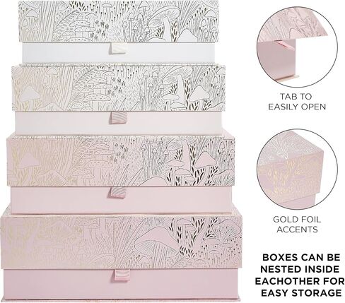 Papyrus Decorative Storage Boxes, Home Decor Box, Nesting Gift Box Set of 4 with Gold Foil Accents and Grosgrain Ribbons, Pink Mushroom Print in Saudi Arabia